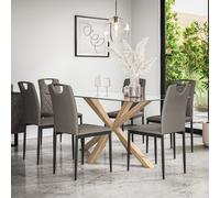 Etta Glass Dining Table And Chairs - Glass Top w Solid Oak Legs + Monza Faux Leather Dining Chair Set Of 6 More4Homes Grey One Size
