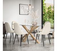 Etta Glass Dining Table Set w Oak Legs w 4-6 Maya Boucle Chairs