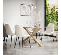 Etta Glass Dining Table Set w Oak Legs w 4-6 Maya Boucle Chairs