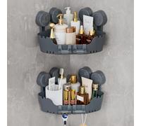 Ettori Corner Shower Caddy, 2 Pack, No Drill, 8 Suction Cups, 4 Hooks | 2 Pearl Grey ABS corner baskets with 8 push-lock suction cups and 4 hooks for no-drill shower storage on smooth surfaces