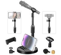 Etubby [3-in-1] Desktop Microphone Stand with Phone Holder, Adjustable Desk Table Mic Stand Webcam Stand Phone Stand with Mic Clip, Phone Clip, 3/8" to 5/8" Metal Adapter, Tripod Head