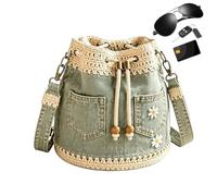 ETUCYNG Denim Bucket Bag Drawstring Daisy Embroidery Retro Boho