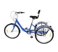 ETUELNOPT Folding City Bicycle， 24 inch Adult Foldable Tricycle 7 Speed Blue Backrest Basket Adjustable