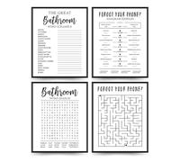ETVISO Funny Bathroom Decor Wall Art Set of 4, Funny Crossword Puzzle Wall Art, Funny Forget Your Phone, Bathroom Word Search Wall Decor, 8x10 (Unframed)