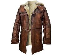EU Fashions Tom Hardy Bane Coat Dark Knight Rises White Faux Fur Shearling Distressed Brown Leather Jacket