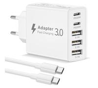 EU Travel Adapter Charger, 50W European Plug Adapter Fast Charger with 2 USB C&3 USB A, European Wall Adaptor EU Adaptor USB Plug Fast Charging with 1M USB C Cable for iPhone 17 16 15, iPad, Samsung