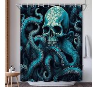EUBTPA Skull Octopus Shower Curtain Vintage Skull Octopus Tentacle Kraken Blue Teal Marine Life Horror Gothic Halloween Theme Polyester Fabric Bathroom Curtains with Hook