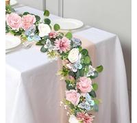 Eucalyptus Flower Garland with Butterflies, 2PCS, 5.9Ft Length Each, Fake Rose Garland, Fake Flower Vines, Faux Floral Greenery for Wedding Table Backdrop Arch Party Centerpiece Decor(Dusty Pink)
