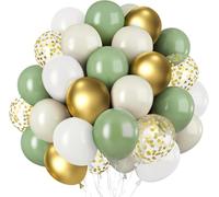 Eucalyptus Green and Gold Beige White Balloons CUTEDECOR 60 Pieces 12 Inch Gold Metallic Confetti Balloon Pack for Birthdays Weddings Engagements Baby Shower Communion Graduations Party Decorations