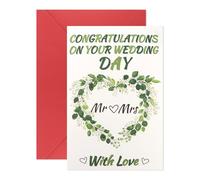 Eucalyptus Heart Wreath Mr & Mrs Wedding Card with Envelope, Congratulations On Your Wedding Day Greeting Card for Newlyweds, Romantic Marriage Card for Bride and Groom, Wedding Card