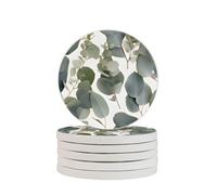 Eucalyptus Leaves Round Diatomaceous Earth Coaster Set - Natural, Eco-Friendly, Fast-Absorbing Circular Coasters (1/2/4/6-Piece Pack) With Full-Print Design & Smooth Rounded Edges
