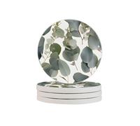 Eucalyptus Leaves Round Diatomaceous Earth Coaster Set - Natural, Eco-Friendly, Fast-Absorbing Circular Coasters (1/2/4/6-Piece Pack) With Full-Print Design & Smooth Rounded Edges