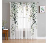 Eucalyptus Leaves Sheer Curtains for Living Room 2 Panels, Sage Green Spring Botanical Voile Curtain Drapes for Bedroom Light Filtering & Privacy Farmhouse Style Window Treatment W52 x L63, Set of 2