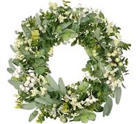 Eucalyptus Wreath, 18 Inch Spring Wreaths for Front Door, Hanging Front Door Wreath, Green Leaf ＆ White Berry Artificial for Party Decor, Eucalyptus