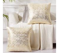 EUCIOR Champagne Pillow Cover Set of 2, White and Gold Velvet Pillow Covers, 16x16, Glitter, Solid Color, Home, Car, Outdoor, Party