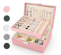 Eucomir Jewellery Box for Women, Travel Jewellery Box 2 Layers Large Jewelry Organizer Box PU Leather Jewelry Box for Girls Rings Bracelets Earrings Necklaces, Light Pink