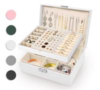 Eucomir Jewellery Box for Women, Travel Jewellery Box 2 Layers Large Jewelry Organizer Box PU Leather Jewelry Box for Girls Rings Bracelets Earrings Necklaces, Milky White