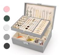 Eucomir Jewellery Box for Women, Travel Jewellery Box 2 Layers Large Jewelry Organizer Box PU Leather Jewelry Box for Girls Rings Bracelets Earrings Necklaces, Grey