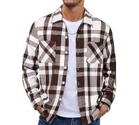 EUDOLAH Men's Brushed Flannel Overshirt Vintage Plaid Long Sleeve Shirt Jacket Button Down Collar Casual Urban Style(M,Brown Plaid)