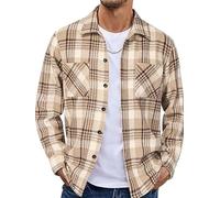 EUDOLAH Men's Brushed Flannel Overshirt Vintage Plaid Long Sleeve Shirt Jacket Button Down Collar Casual Urban Style(S,Khaki Plaid)