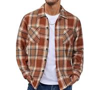 EUDOLAH Men's Brushed Flannel Overshirt Vintage Plaid Long Sleeve Shirt Jacket Button Down Collar Casual Urban Style(L,Dark Brown Plaid)