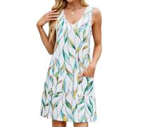EUDOLAH Women's Sleeveless V-Neck Casual Summer Dress for Beach with Double Pockets Loose Swing (M,Wave)
