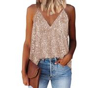 EUDOLAH Women's Vest Casual Fashion V-Neck Tie Sequins Glitter Camisole Sleeveless Tank Top (Small, Beige)