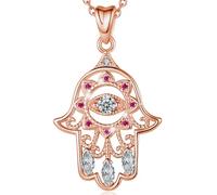 EUDORA 925 Sterling Silver Evil Eye Hamsa Hand Fatima Good Luck Clear CZ Vintage Pendant Necklace, 18" Chain (Rose Gold)