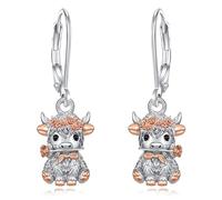 EUDORA Harmony Ball 925 Sterling Silver Highland Cow Dangle Earrings for Women, Scotland Cow Hoop Earrings Cow Western Animal Jewelry Gift