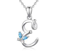 EUDORA Harmony Ball 925 Sterling Silver Initial Butterfly Necklace for Women, E Alphabet Letter Personalised Pendant Necklaces with Blue Cubic-Zirconia Gifts for Mom Ladies Girls Mother's day, 18"