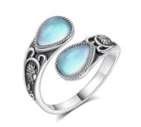 EUDORA Harmony Ball 925 Sterling Silver Sunflower Spoon Ring for Women, Adjustable Moonstone Open Rings Vintage Boho Thumb Oxidized Wrap Rings Antique Floral Jewelry Gifts for Mom
