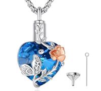 EUDORA Harmony Ball 925 Sterling Silver Urn Necklace for Ashes, Austrian Crystal Heart Pendant for Women, Pink Butterfly Cremation Locket Gift, 22"
