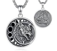 EUDORA Harmony Ball 925 Sterling Silver Wolf Moon Phases Necklace for Women Men, Norse Mythology Viking Wolf Crescent Pendant Vintage Oxidized Jewelry Gifts for Mom Dad, 22"+2"
