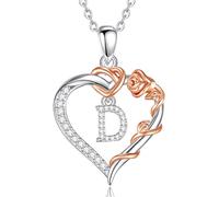 EUDORA Harmony Ball Copper Rhodium Plated Initial Heart Necklace with Cubic Zirconia for Women, Rose Gold Flower Letter D Pendant Heart A to Z Alphabet Personalized Jewelry Gifts, 18"+2" Chain