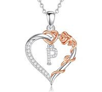 EUDORA Harmony Ball Copper Rhodium Plated Initial Heart Necklace with Cubic Zirconia for Women, Rose Gold Flower Letter P Pendant Heart A to Z Alphabet Personalized Jewelry Gifts, 18"+2" Chain