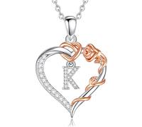 EUDORA Harmony Ball Copper Rhodium Plated Initial Heart Necklace with Cubic Zirconia for Women, Rose Gold Flower Letter K Pendant Heart A to Z Alphabet Personalized Jewelry Gifts, 18"+2" Chain