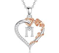 EUDORA Harmony Ball Copper Rhodium Plated Initial Heart Necklace with Cubic Zirconia for Women, Rose Gold Flower Letter M Pendant Heart A to Z Alphabet Personalized Jewelry Gifts, 18"+2" Chain