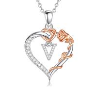 EUDORA Harmony Ball Copper Rhodium Plated Initial Heart Necklace with Cubic Zirconia for Women, Rose Gold Flower Letter V Pendant Heart A to Z Alphabet Personalized Jewelry Gifts, 18"+2" Chain