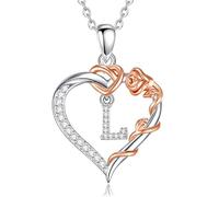 EUDORA Harmony Ball Copper Rhodium Plated Initial Heart Necklace with Cubic Zirconia for Women, Rose Gold Flower Letter L Pendant Heart A to Z Alphabet Personalized Jewelry Gifts, 18"+2" Chain