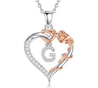 EUDORA Harmony Ball Copper Rhodium Plated Initial Heart Necklace with Cubic Zirconia for Women, Rose Gold Flower Letter G Pendant Heart A to Z Alphabet Personalized Jewelry Gifts, 18"+2" Chain