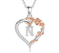 EUDORA Harmony Ball Copper Rhodium Plated Initial Heart Necklace with Cubic Zirconia for Women, Rose Gold Flower Letter N Pendant Heart A to Z Alphabet Personalized Jewelry Gifts, 18"+2" Chain
