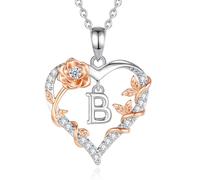 EUDORA Harmony Ball Rose Heart Initial B Necklace for Women Letter B Alphabet Initial Necklaces Copper Rhodium Plated Pendant with Cubic Zirconia, Initials Jewelry Gifts for Women Wife 18"