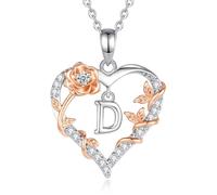 EUDORA Harmony Ball Rose Heart Initial D Necklace for Women Letter D Alphabet Initial Necklaces Copper Rhodium Plated Pendant with Cubic Zirconia, Initials Jewelry Gifts for Women Wife 18"