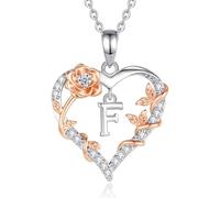 EUDORA Harmony Ball Rose Heart Initial F Necklace for Women Letter F Alphabet Initial Necklaces Copper Rhodium Plated Pendant with Cubic Zirconia, Initials Jewelry Gifts for Women Wife 18"