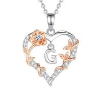 EUDORA Harmony Ball Rose Heart Initial G Necklace for Women Letter G Alphabet Initial Necklaces Copper Rhodium Plated Pendant with Cubic Zirconia, Initials Jewelry Gifts for Women Wife 18"