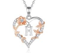 EUDORA Harmony Ball Rose Heart Initial H Necklace for Women Letter H Alphabet Initial Necklaces Copper Rhodium Plated Pendant with Cubic Zirconia, Initials Jewelry Gifts for Women Wife 18"
