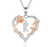 EUDORA Harmony Ball Rose Heart Initial K Necklace for Women Letter K Alphabet Initial Necklaces Copper Rhodium Plated Pendant with Cubic Zirconia, Initials Jewelry Gifts for Women Wife 18"