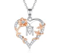 EUDORA Harmony Ball Rose Heart Initial M Necklace for Women Letter M Alphabet Initial Necklaces Copper Rhodium Plated Pendant with Cubic Zirconia, Initials Jewelry Gifts for Women Wife 18"