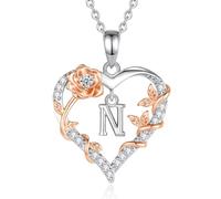 EUDORA Harmony Ball Rose Heart Initial N Necklace for Women Letter N Alphabet Initial Necklaces Copper Rhodium Plated Pendant with Cubic Zirconia, Initials Jewelry Gifts for Women Wife 18"