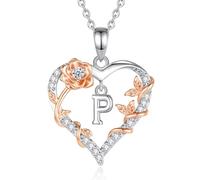 EUDORA Harmony Ball Rose Heart Initial P Necklace for Women Letter P Alphabet Initial Necklaces Copper Rhodium Plated Pendant with Cubic Zirconia, Initials Jewelry Gifts for Women Wife 18"